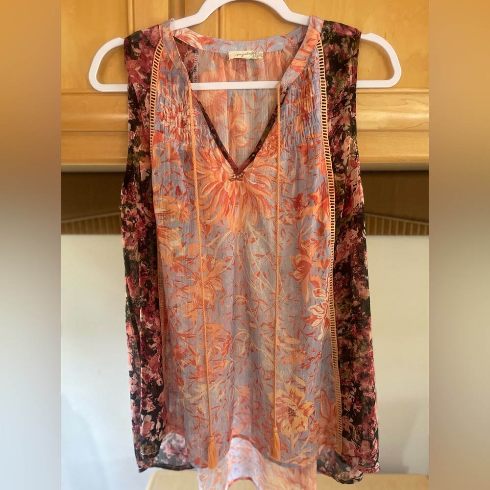 Mystree Orange Pink Smocked Sleeveless Blouse